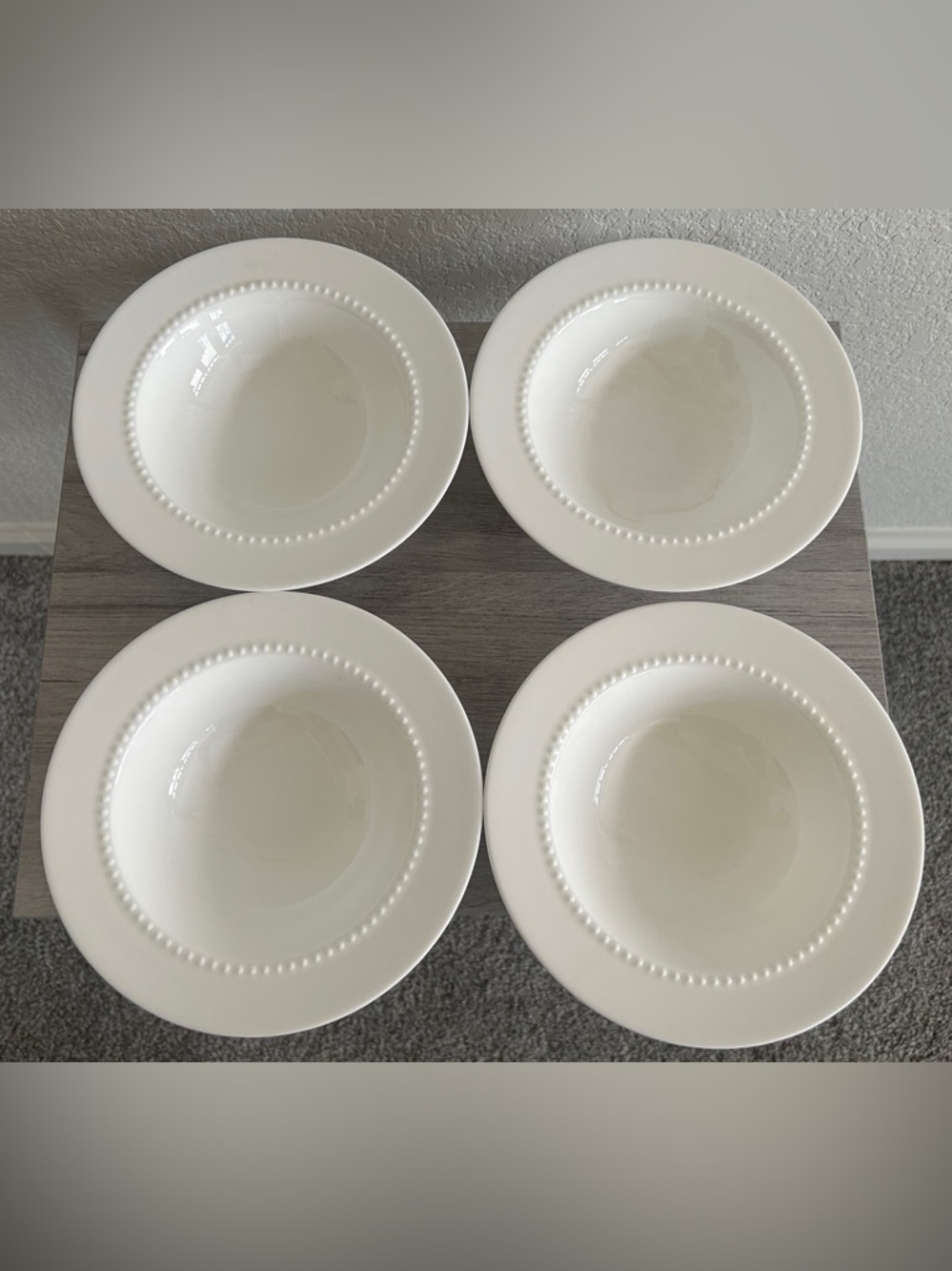 Crate&Barrel Bone China White Beaded Round Cereal Bowls Set of 4, 7"